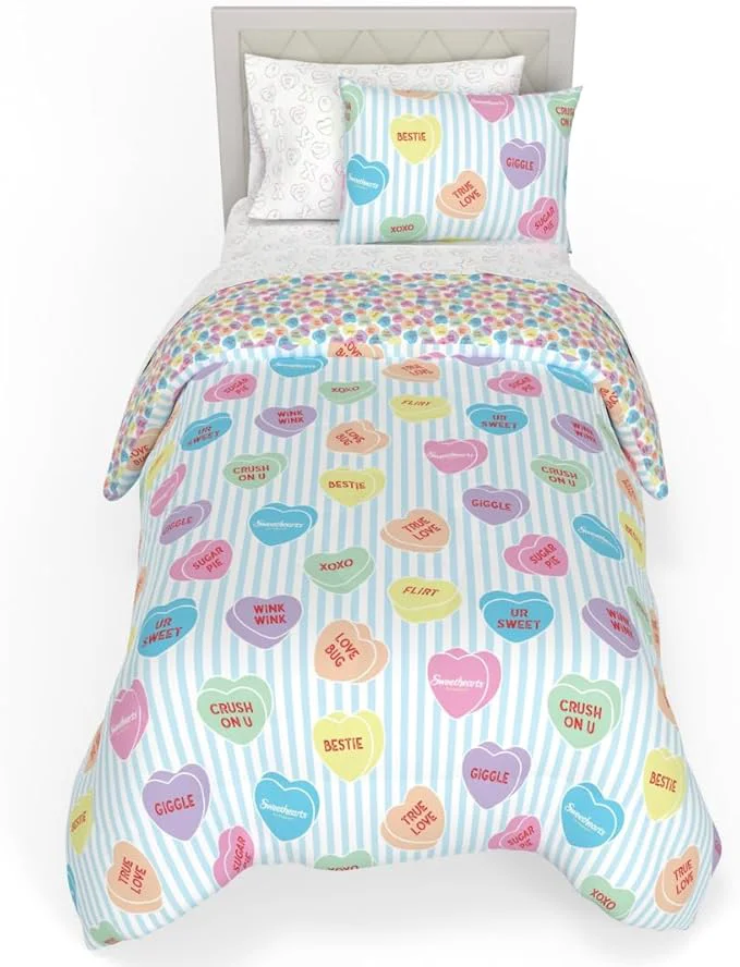 Verified Sweethearts Candy Hearts Bedding 5 Piece Twin Bed Set Soft Cozy Nostalgia Reversible Comforter and Sheet Set with Sham ly Licensed Product by Franco World-Class