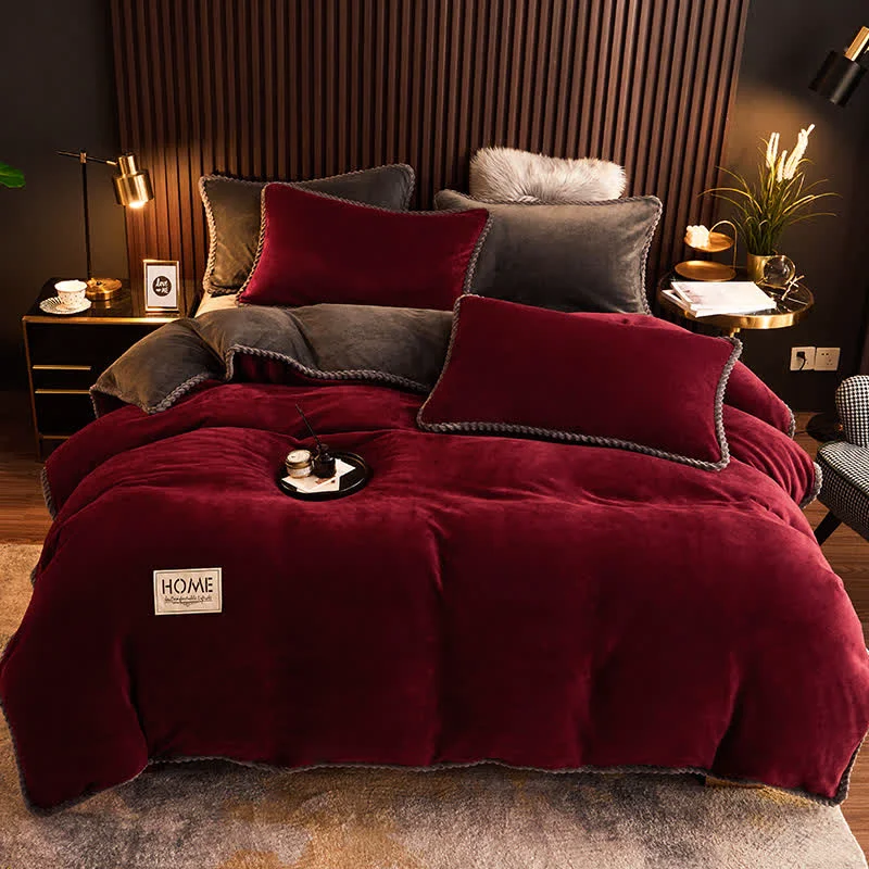 Refined Ownkoti Solid Color Warm Flannel Bedding Set 4PCS Elegant