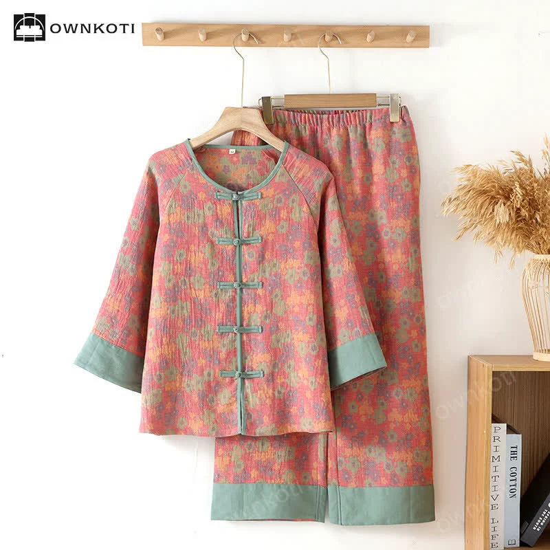 Elegant Ownkoti Frog Button Floral Cotton Gauze Nightwear Set Powerful