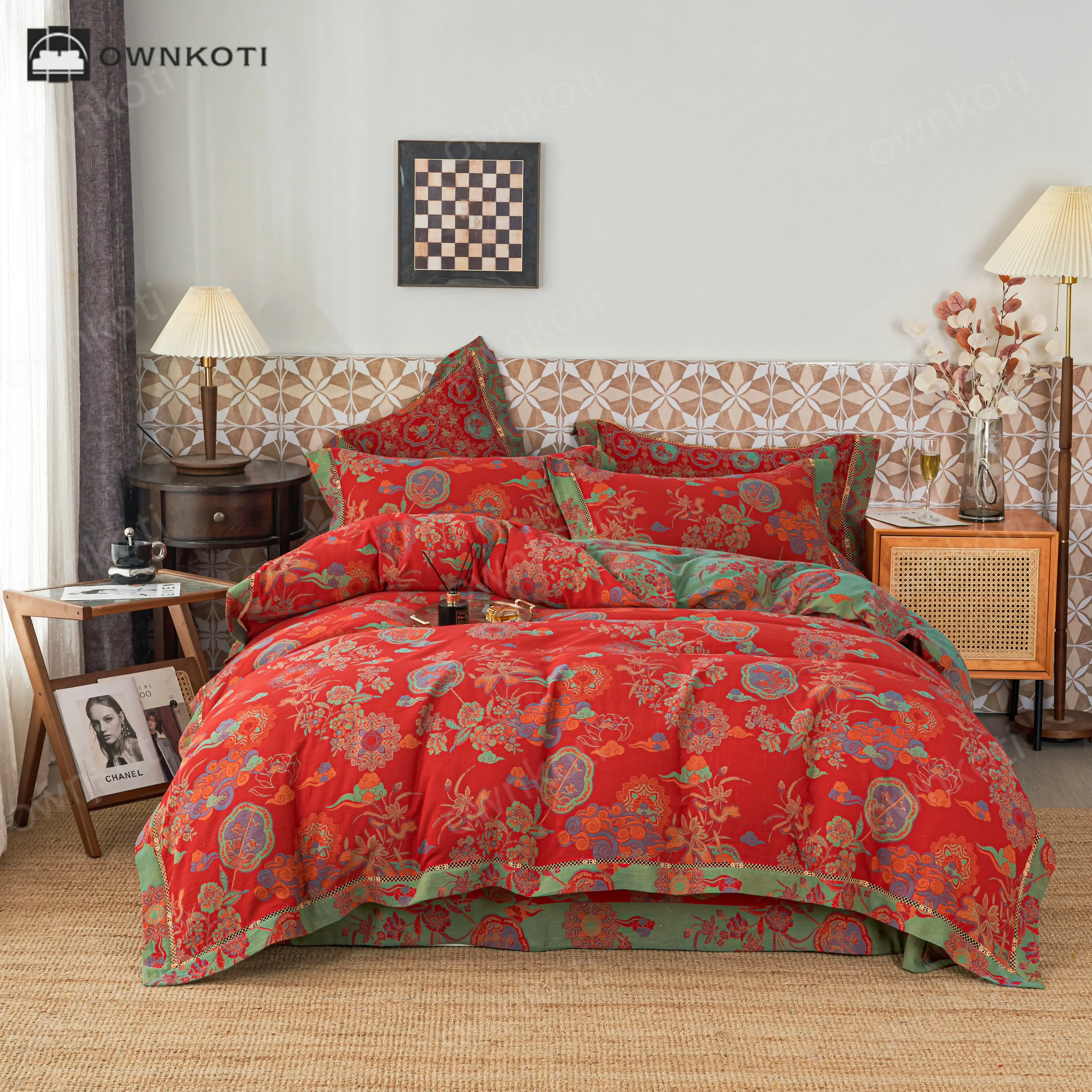 Efficient Ownkoti Cotton Gauze Luxurious Floral Bedding Sets 4PCS Classic