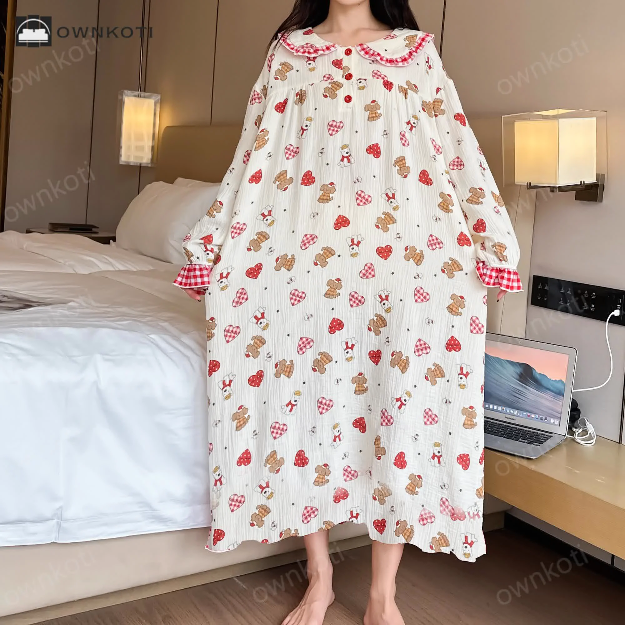 Functional Ownkoti Plus Size Cotton Doll Collar Long Nightgown Sophisticated