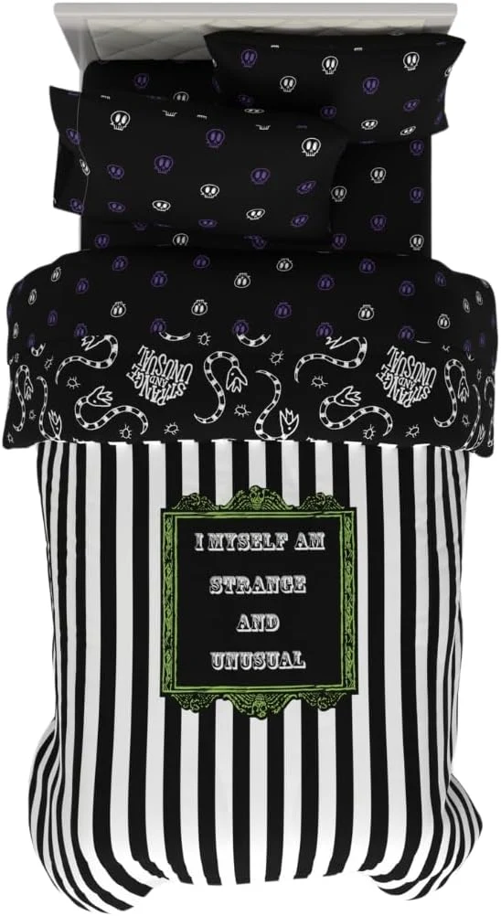 Exclusive Franco Collectibles Beetlejuice Halloween Striped Bedding 4 Piece Super Soft Comforter and Sheet Set Twin ly Licensed Product Excellent