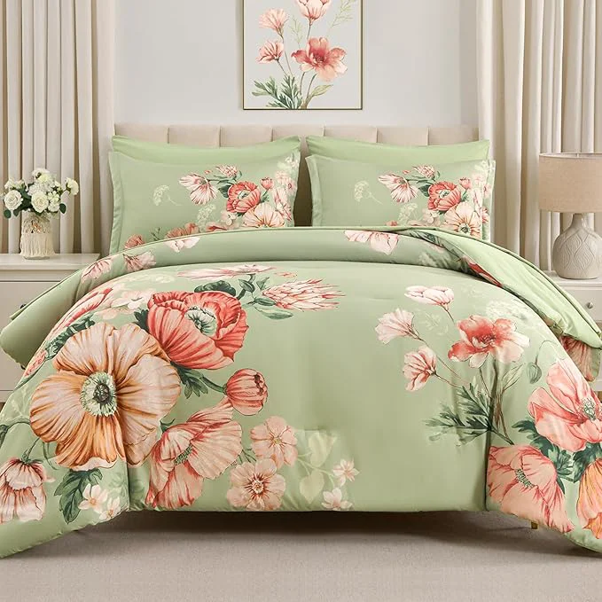 Responsible Queen Comforter Set - 7 Pieces Bed in a Bag Green Floral Queen Comforter Set with Sheets Soft Microfiber Flower Complete Bedding Set for All Seasons（Green 90 quot x90 quot ） Flexible