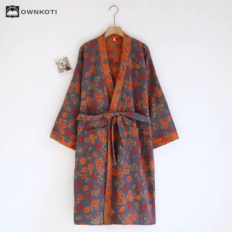 Official Ownkoti Jacquard Floral Kimono Cotton Gauze Bathrobe Crafted