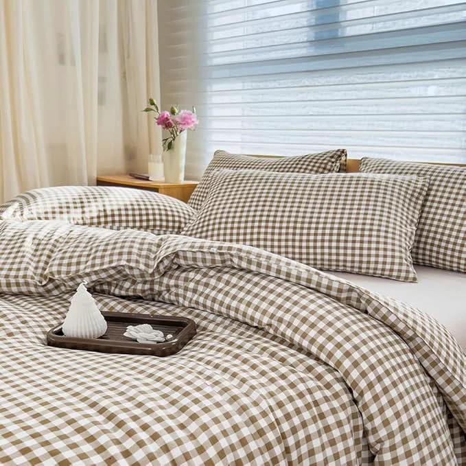 Eco-Friendly NSNLGSGC Queen Comforter Set Tan Gingham Bedding Comforter Sets Brown Grid Bed Comforter 3 Pieces 1 Comforter 2 Pillowcases Secure