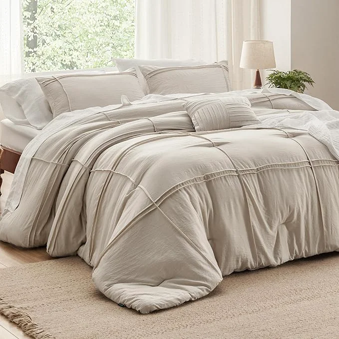 Traditional Bedsure Full Comforter Set - 4 Pieces Grid Pleat Bed Set Beige Boho Bedding for All Season 1 Soft Comforter 2 Pillowcases 1 Decorative Pillow First-Class