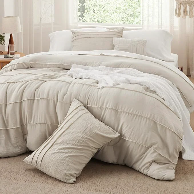 Unique Bedsure California King Comforter Set - 4 Pieces Pinch Pleat Bed Set Beige Boho Bedding for All Season 1 Soft Comforter 2 Pillowcases 1 Decorative Pillow Green