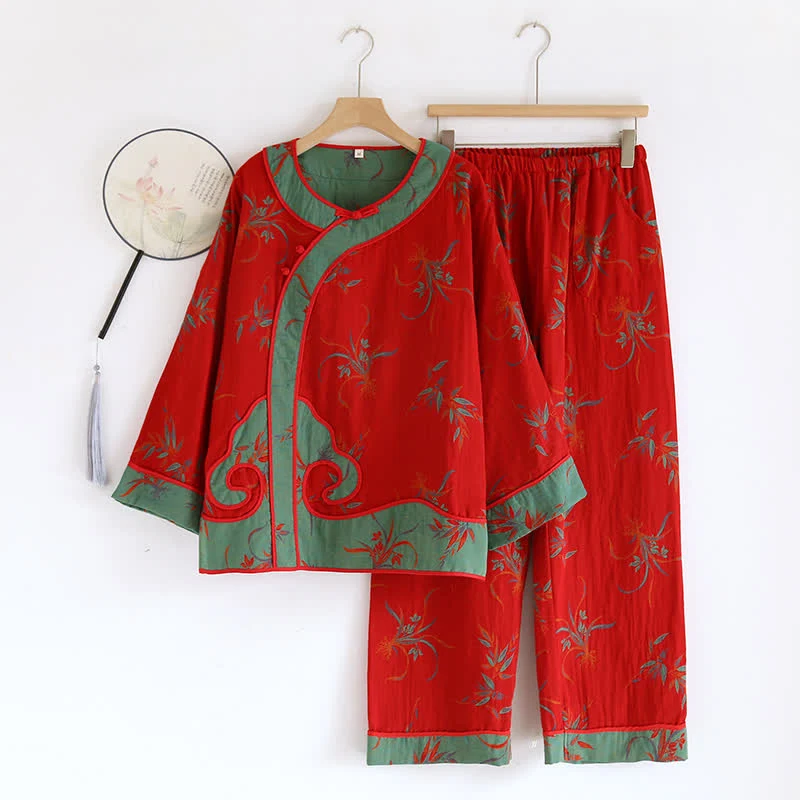 Sustainable Ownkoti Cotton Gauze Elegant Jacquard Nightwear Set Lightweight