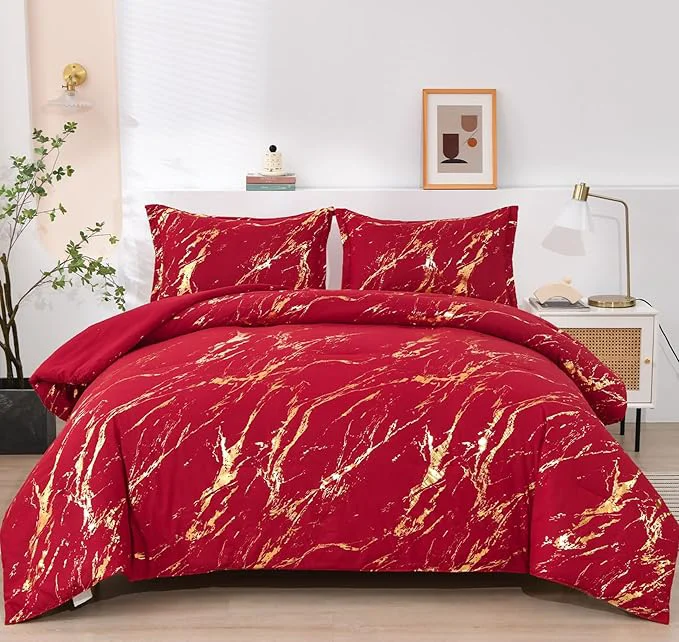 Detailed WONGS BEDDING Red Gold Metallic Marble Comforter Set Queen Red Christmas Bedding Sets with 2 Pillowcases for All Seasons Soft Microfiber Filling Bedding Duvet Set 90 quot x90 quot Exceptional