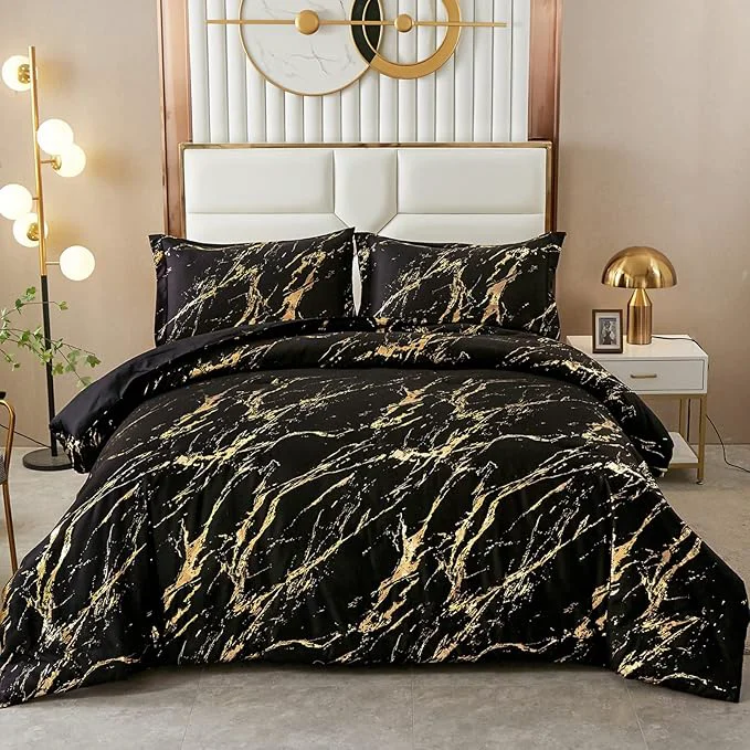 Powerful WONGS BEDDING Black Gold Metallic Marble Comforter Set Queen Foil Print Glitter Bedding Sets with 2 Pillowcases for All Seasons Soft Microfiber Filling Bedding Duvet Set 90 quot x90 quot Verified