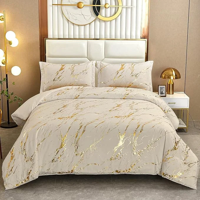 Original WONGS BEDDING Gold Metallic Marble Khaki Comforter Set California King Foil Print Glitter Bedding Sets with 2 Pillowcases for All Seasons Soft Microfiber Filling Bedding Duvet Set 104 quot x96 quot Unique