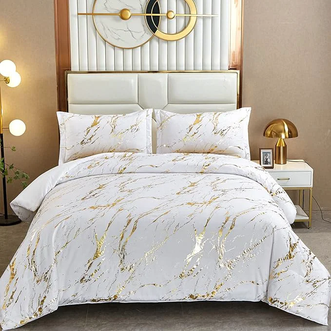 Stylish WONGS BEDDING White Gold Metallic Marble Comforter Set California King Foil Print Glitter Bedding Sets with 2 Pillowcases for All Seasons Soft Microfiber Filling Bedding Duvet Set 104 quot x96 quot Trusted