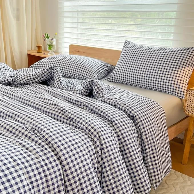 Original Design NSNLGSGC King Size Comforter Set Navy Gingham Bedding Comforter Sets Blue Grid Bed Comforter 3 Pieces 1 Comforter 2 Pillowcases Contemporary
