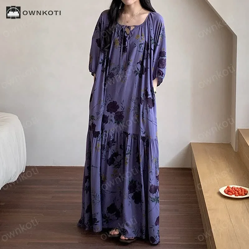 Smart Ownkoti Retro Floral Breathable Soft Long Nightdress Fine Crafted