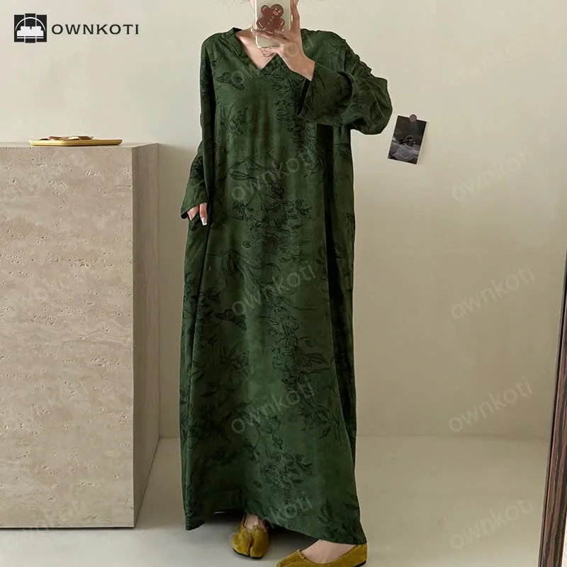 Detailed Ownkoti V-neck Elegant Floral Soft Long Nightdress Natural