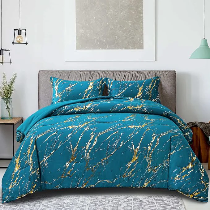 Original WONGS BEDDING Teal Gold Metallic Marble Comforter Set King Foil Print Glitter Bedding Sets with 2 Pillowcases for All Seasons Soft Microfiber Filling Bedding Duvet Set 103 quot x90 quot Exceptional