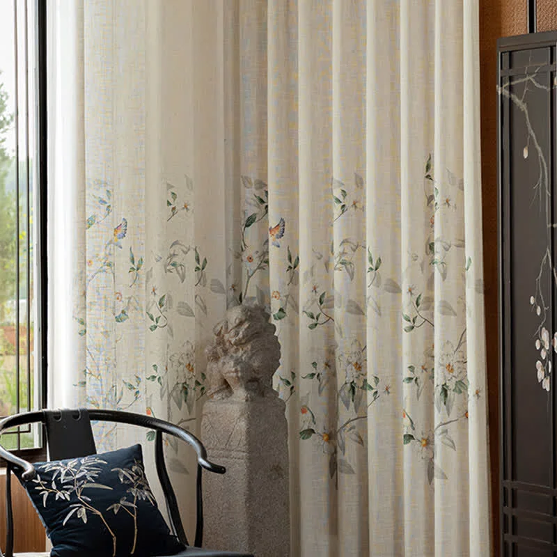 Elegant Ownkoti Bird and Plant Print Sheer Linen Gauze Curtain Exclusive