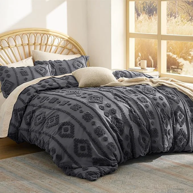 Selected Bedsure Boho Tufted Grey Comforter Set Queen Size GentleSoft™ 3 Pieces Boho Farmhouse Decor Bedding Exquisite Shabby Chic Bedding for All Seasons 1 Bed Comforter 2 Pillow Shams 90x90 Inches Reusable