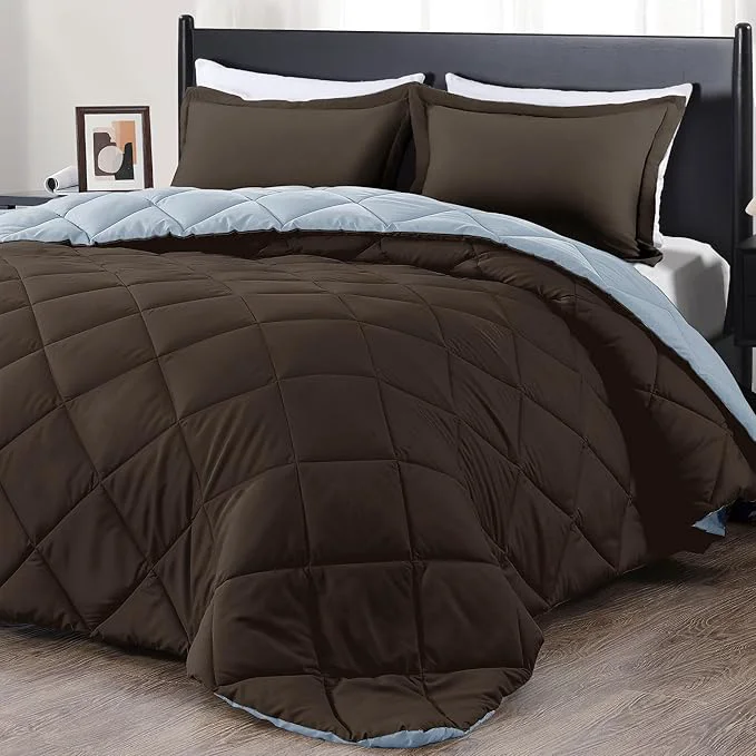 Original downluxe Twin Comforter Set - Brown and Blue Twin Comforter Soft Bedding Sets for All Seasons -2 Pieces - 1 Comforter 66 quot x92 quot and 1 Pillow Sham 20 quot x26 quot Authentic