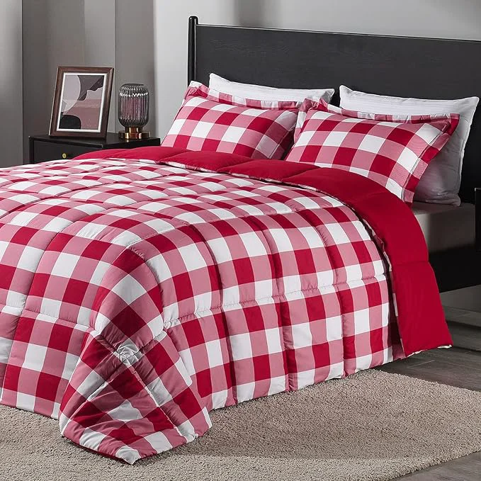 Relaxed downluxe Lightweight Plaid Comforter Set Twin with 1 Pillow Sham - 2-Piece Set - Red White Plaid - Down Reversible Comforter Effective