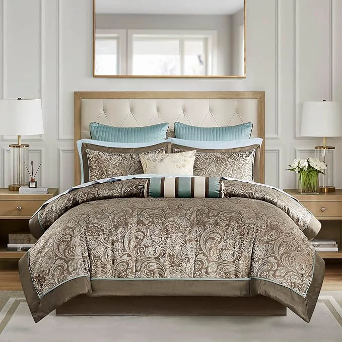 Casual Madison Park Aubrey Cozy Comforter Set Faux Silk Jacquard Paisley Design - All Season Down Bedding with Cotton Bed Sheets Bed Skirt amp Toss Pillows Queen Blue 12 Piece Genuine