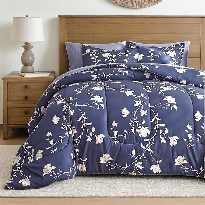 Fine Crafted AIKASY Bed in a Bag King Comforter Set，7 Pieces Floral Comforter Set Bedding Sets with 1 Comforter 2 Pillow Shams 1 Flat Sheet 1 Fitted Sheet 2 Pillowcases Navy King Smart