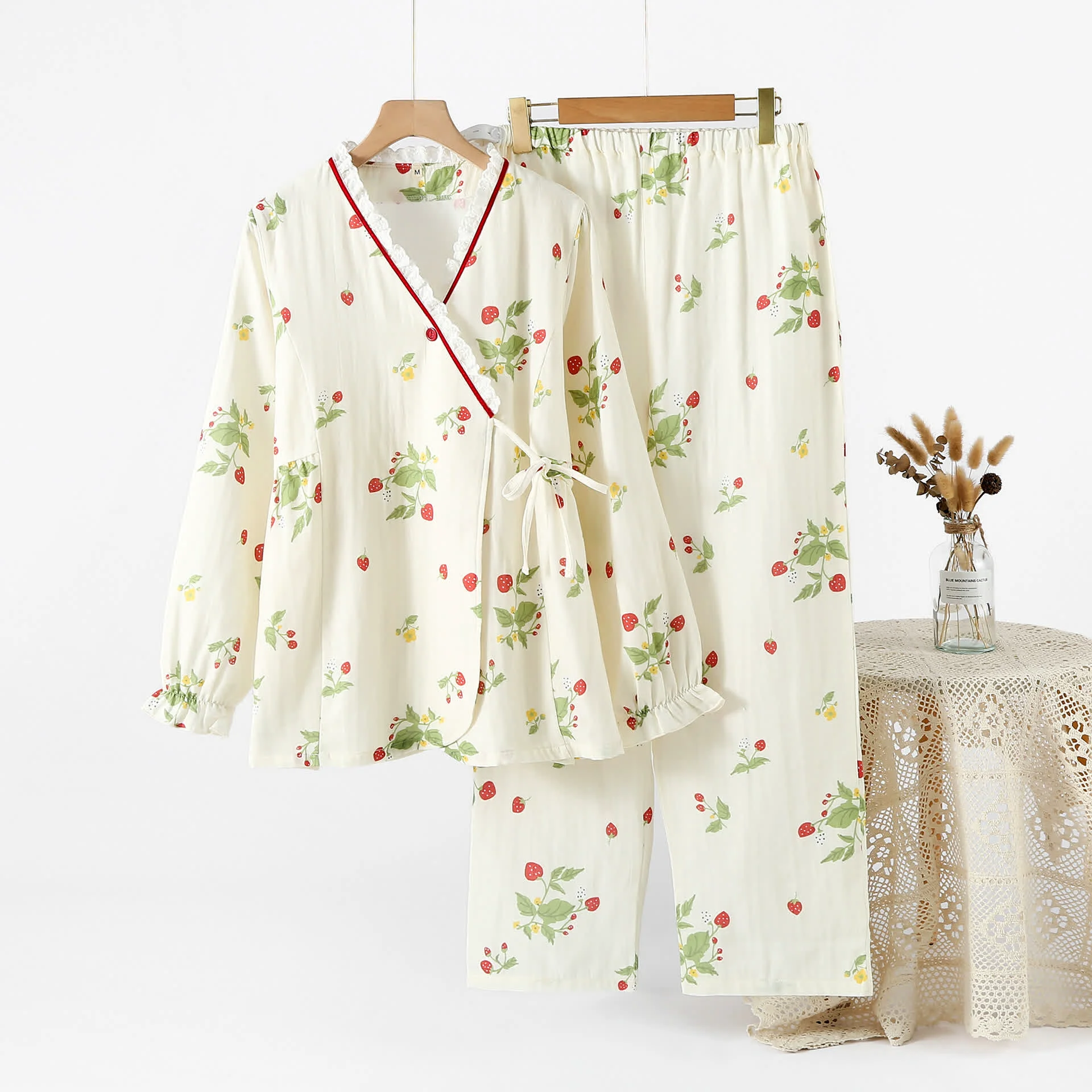 Verified Ownkoti Strawberry Print Cotton Gauze Pajama Set Top-Quality
