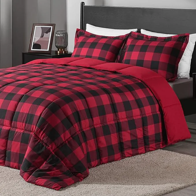 Traditional downluxe Lightweight Plaid Comforter Set King with 2 Pillow Shams - 3-Piece Set - Red Black Plaid - Down Reversible Comforter Sophisticated