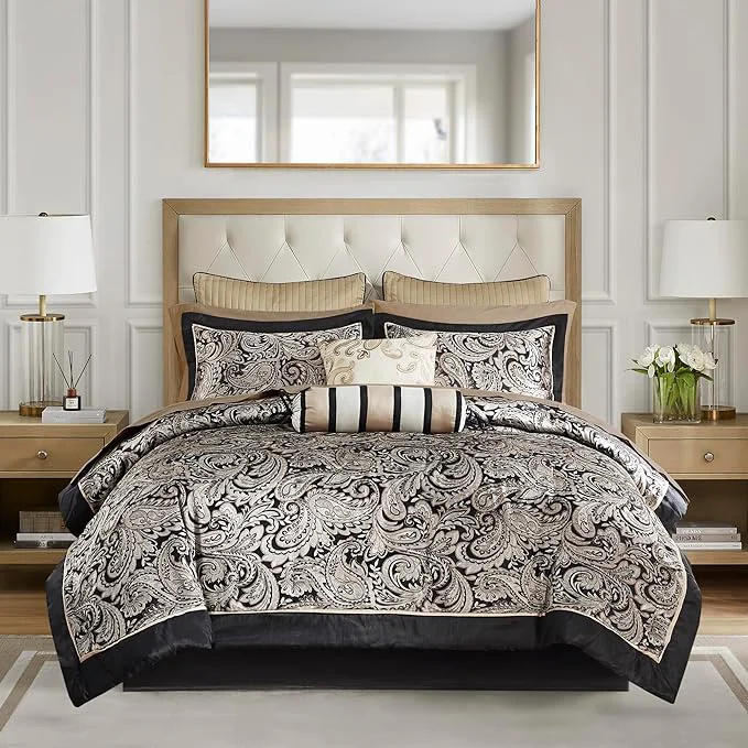 Sustainable Madison Park Aubrey Cozy Comforter Set Faux Silk Jacquard Paisley Design - All Season Down Bedding with Cotton Bed Sheets Bed Skirt amp Toss Pillows Queen Black 12 Piece Exceptional