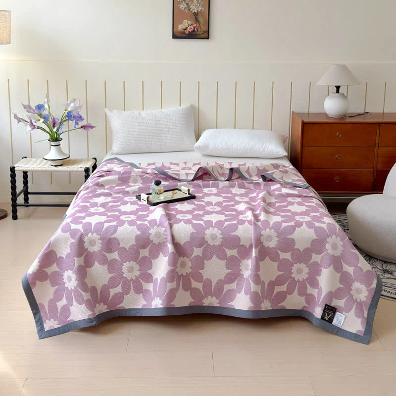 Prestigious Ownkoti Purple Floral Print Cotton Gauze Quilt Solid