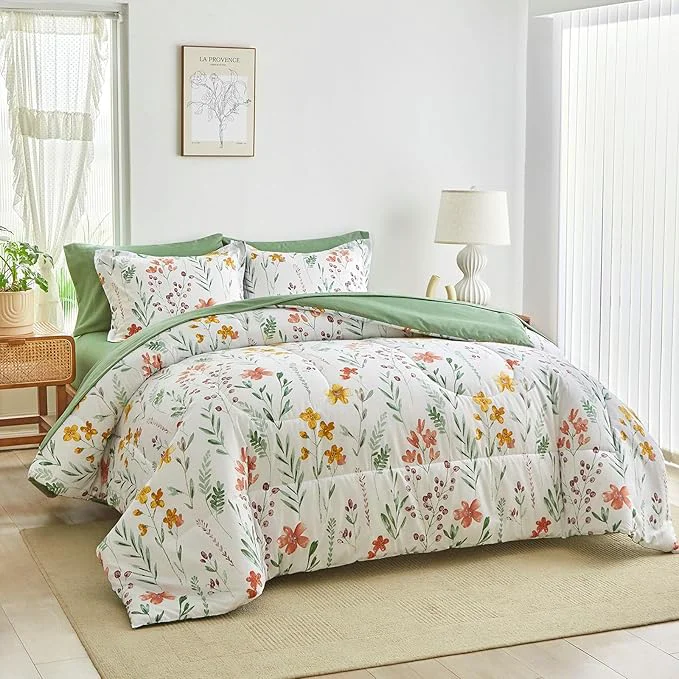 Consistent AIKASY Bed in a Bag 6 Pieces Twin Size - Floral Print - Soft Microfiber Reversible Bed Comforter Set 1 Comforter 2 Pillow Shams 1 Flat Sheet 1 Fitted Sheet 1 Pillowcases （White Twin） Versatile