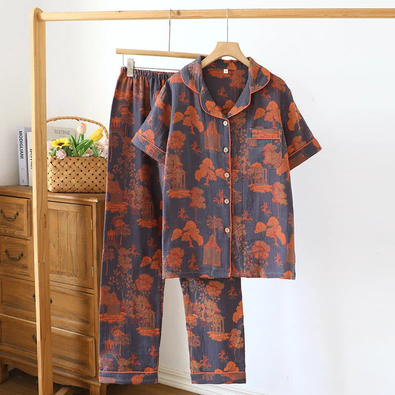 Long-Lasting Ownkoti Cotton Vintage Pine Jacquard Short Sleeve Loungewear Set Breathable