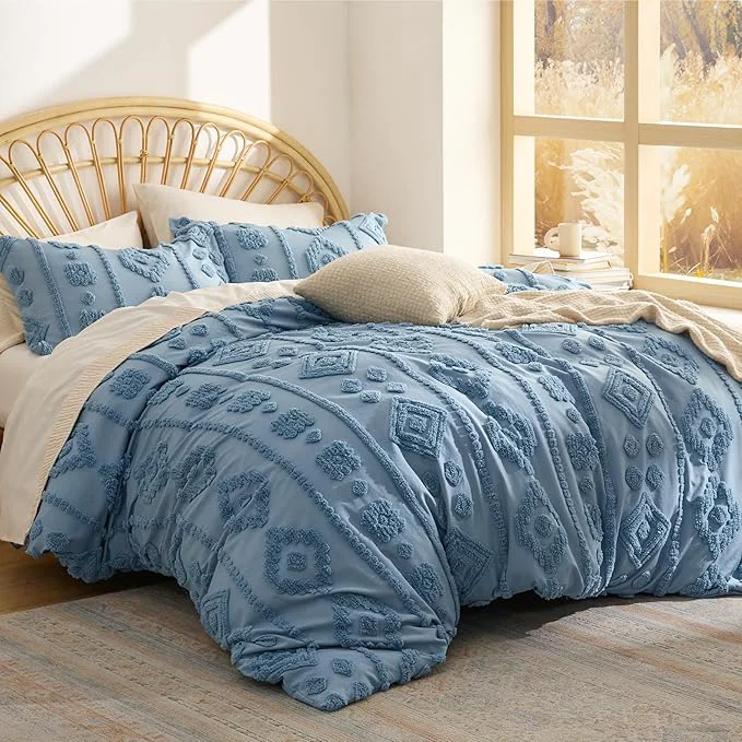 Verified Bedsure Boho Tufted Blue Comforter Set Queen Size GentleSoft™ 3 Pieces Boho Farmhouse Decor Bedding Exquisite Shabby Chic Bedding for All Seasons 1 Bed Comforter 2 Pillow Shams 90x90 Inches Versatile