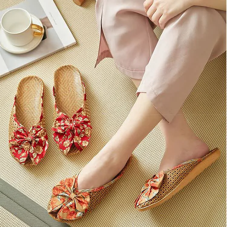 Enhanced Ownkoti Rattan Woven Linen Bow-knot House Slippers Detailed