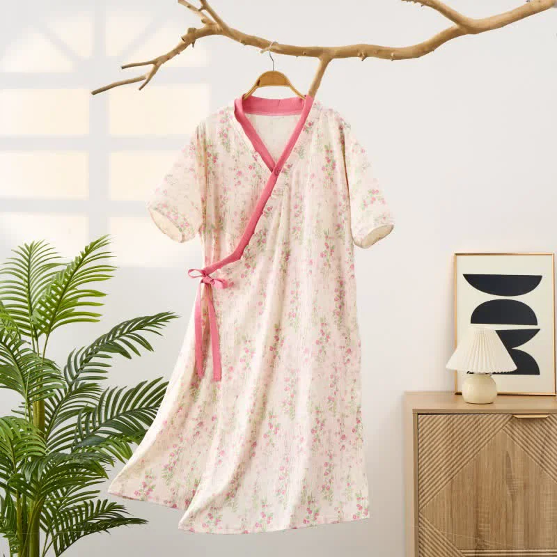 Premium Elegant Floral Print Tie-Back Pink Nightgown​ with Pocket Responsible