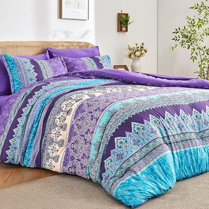 User-Friendly Boho Comforter Set Queen - 7 Pieces Bed in a Bag Bohemian Striped Comforter Set with Sheets Soft Microfiber Purple Floral Bedding Set for All Season Excellent