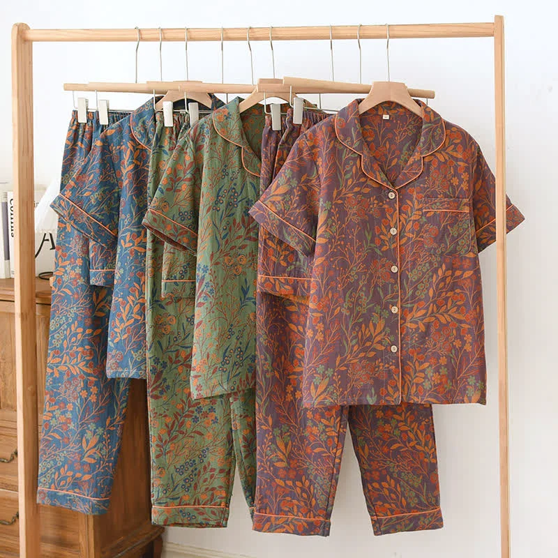 Reusable Ownkoti Jacquard Yarn-dyed Cotton Short-sleeved Loungewear Set 3PCS Casual