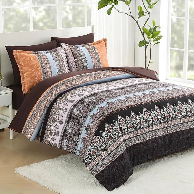Original Boho Comforter Set Queen - 7 Pieces Bed in a Bag Bohemian Striped Comforter Set with Sheets Soft Microfiber Brown Floral Bedding Set for All Season Brown Queen Comfortable