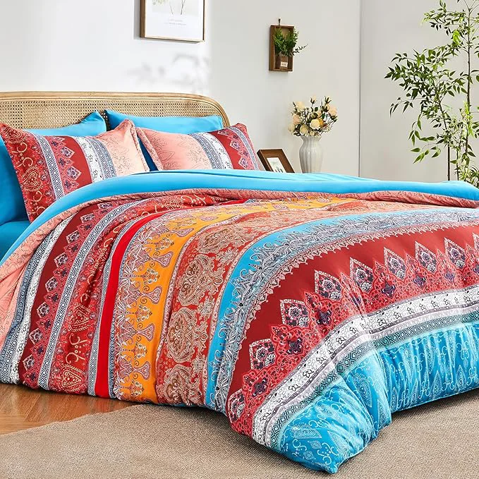 Proven Coral Pink King Size Comforter Set Boho - 7 Pieces Floral Striped Comforter and Sheet Set Soft Bed in a Bag Complete Bedding Sets for All Season Coral Pink King Functional