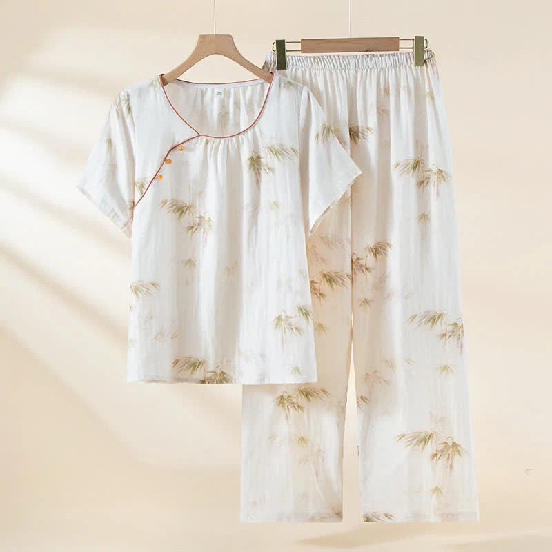 Superior Ownkoti Vintage Bamboo Print Cotton Gauze Beaded Button Loungewear Set Healthy