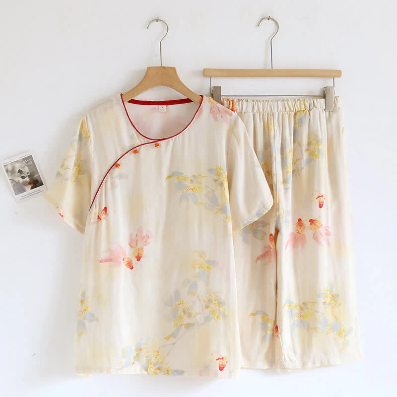 Verified Ownkoti Koi Floral Bamboo Fiber Short Sleeve Pajama Set Lightweight