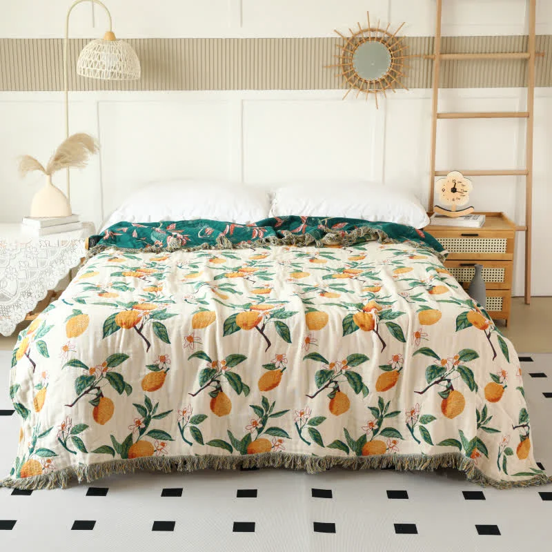 Superior Ownkoti Lemon Print Cotton Gauze Tassel Reversible Quilt Fashionable