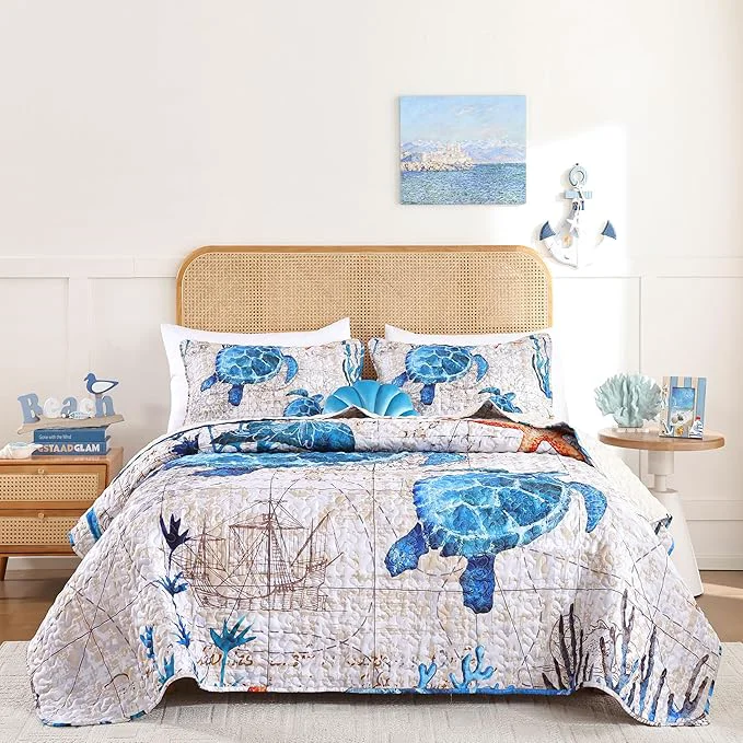 Proven weigelia Coastal Quilts Bedding Set Queen Size - Summer Vintage Sea Turtles Nautical Bedding Quilt with Pillow Cases Beach Reversible Quilt Set Bedspreads Coverlet Soft Lightweight Comforter Reusable