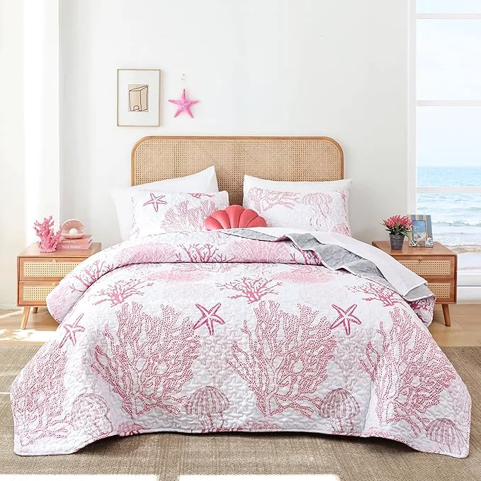 Excellent weigelia Coastal Quilts Bedding Set Queen Size - Pink Summer Nautical Bedding Quilt with Pillow Cases Beach Reversible Quilt Set Ocean Coral Bedspreads Coverlet Soft Lightweight Comforter Certified