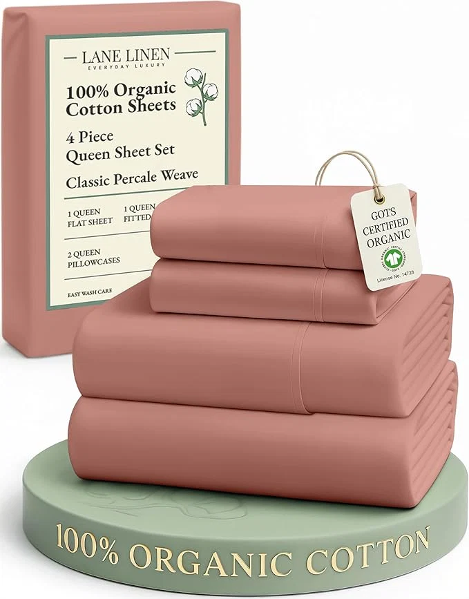 Comfortable LANE LINEN Organic Cotton Queen Sheets Eco Friendly Mercerized Cotton Fully Elasticized Bedding Sheets amp Pillowcase Set Low Pill Fade Resistant Naturally Cooling Bedding Queen Size- Rose Dawn Classic