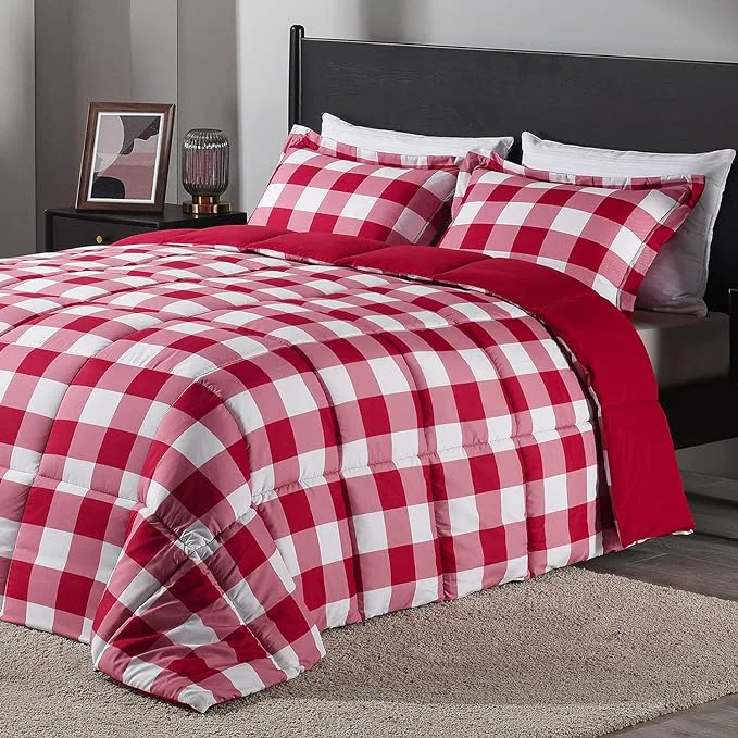 Premium downluxe Lightweight Plaid Comforter Set King with 2 Pillow Shams - 3-Piece Set - Red White Plaid - Down Reversible Comforter Pure