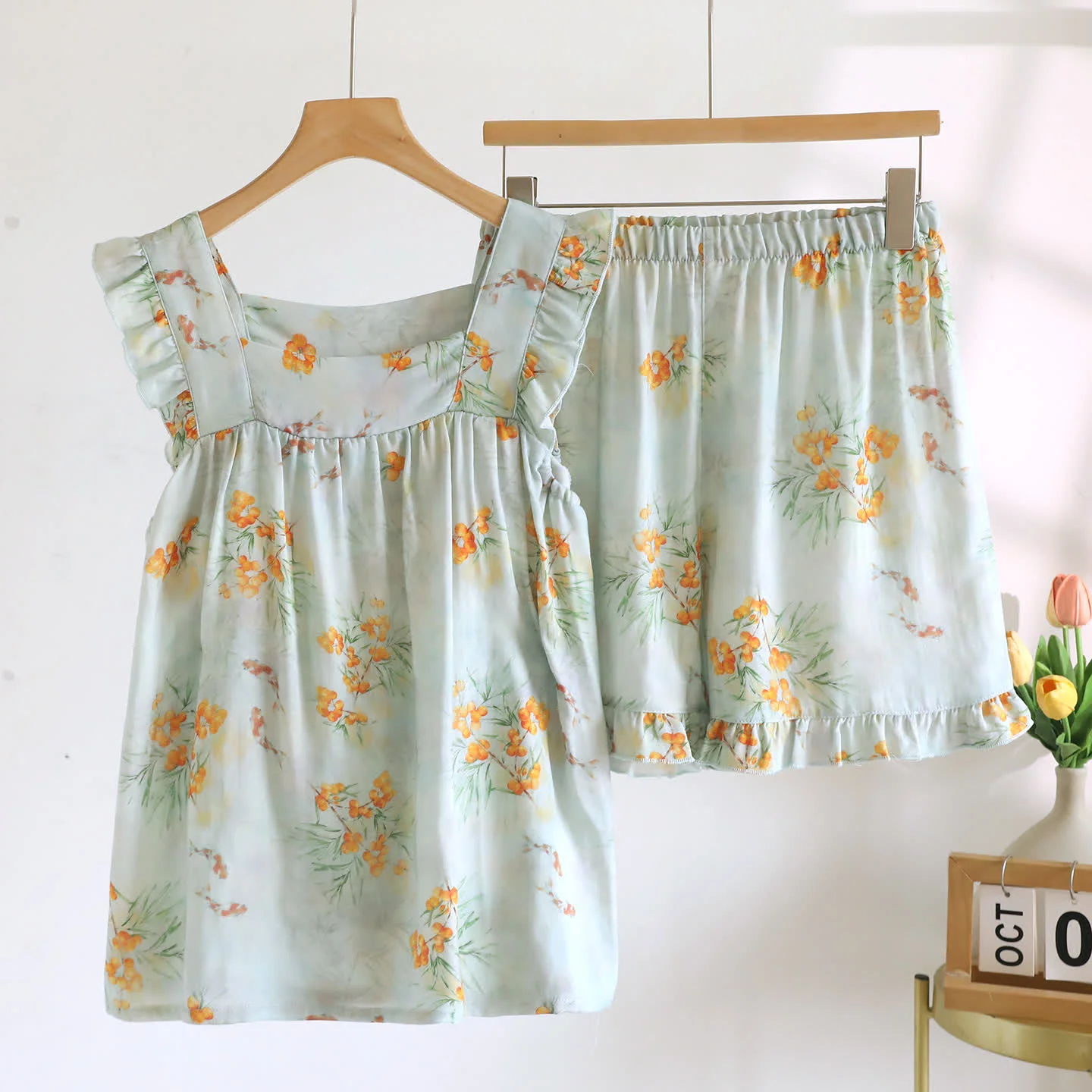 Verified Ownkoti Loquat Print Ruffle Padded Camisole Loungewear Set Trendy