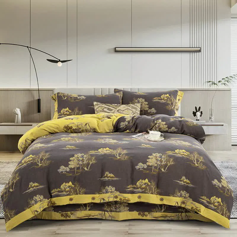 High-End Ownkoti Landscape Print Cotton Gauze Jacquard Bedding Set 4pcs Smooth