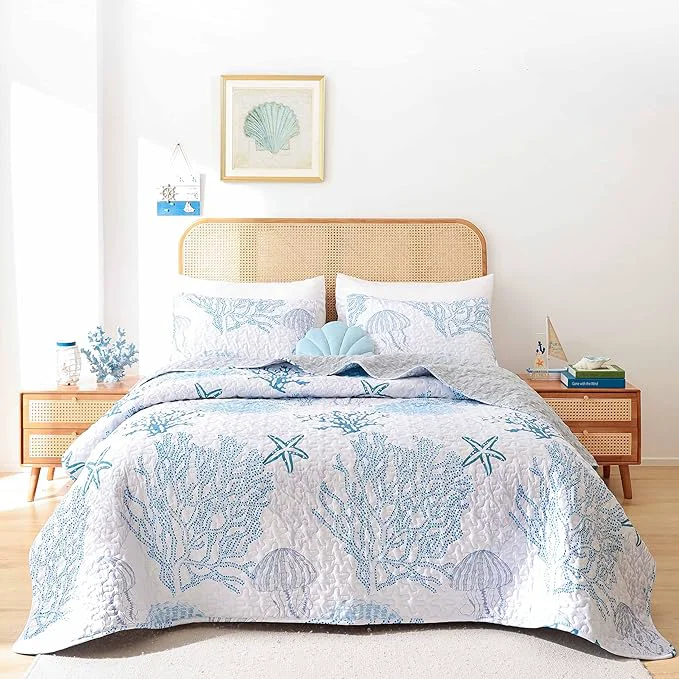 Artisan weigelia Coastal Quilts Bedding Set King Size - Blue Summer Nautical Bedding Quilt with Pillow Cases Beach Reversible Quilt Set Bedspreads Coverlet Soft Lightweight Comforter Breathable