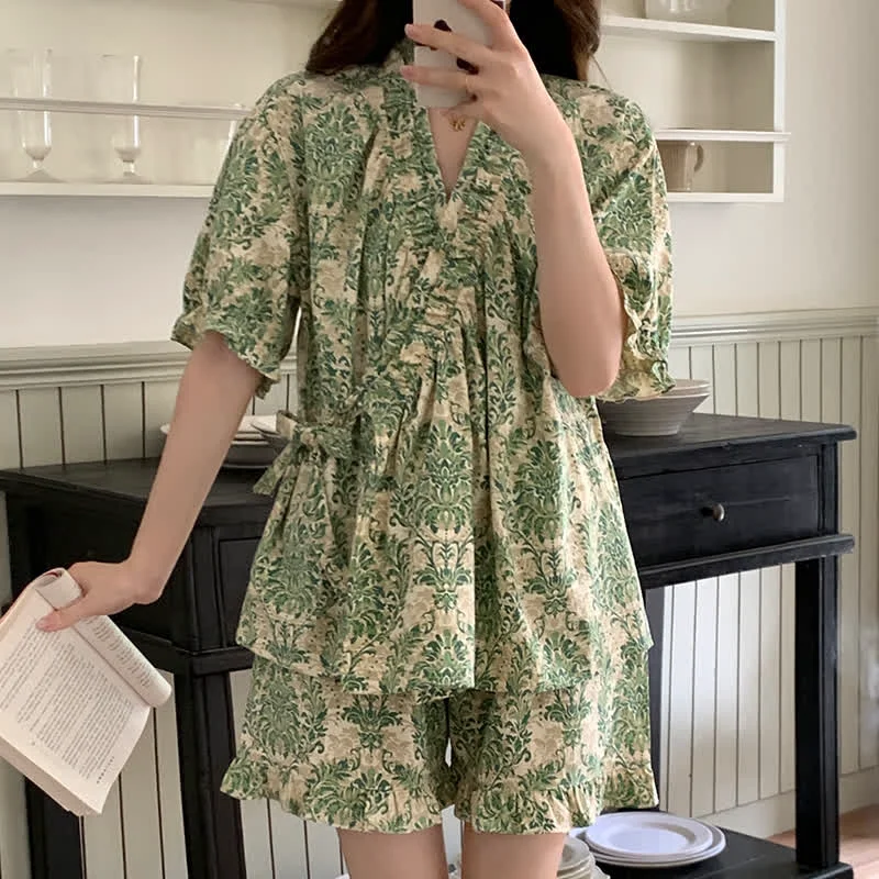 Smooth Ownkoti Green Floral Ruffle Sleeve Pajama Set Premium Material